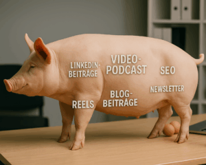Auf dem Bild sieht man ein Schwein mit Aufschriften wie Video-Podcast, SEO, Newsletter, etc.