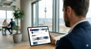 Mann schaut sich auf einem Bildschirm den YouTube-Kanal des IVD Bildungsinstituts an.