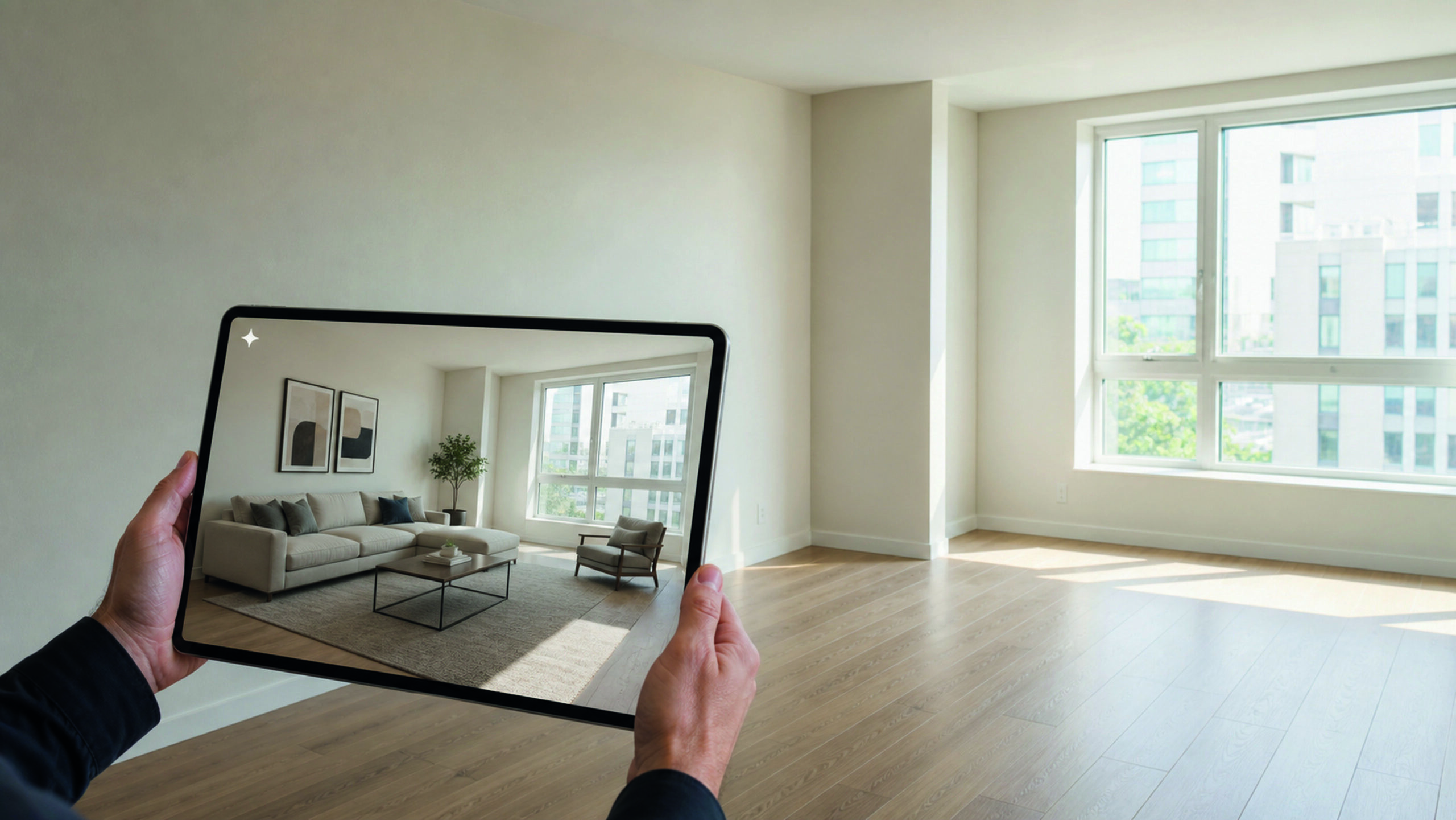 KI Homestaging einer leeren Wohnng, die zum Verkauf steht.