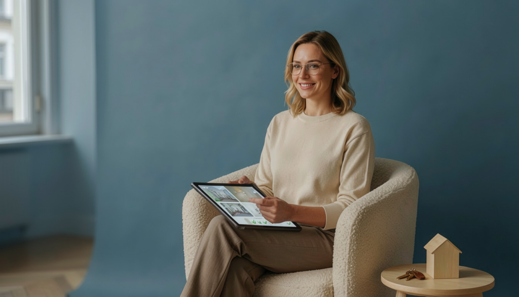 Eine lächelnde Frau mit blonden Haaren und Brille sitzt in einem hellen Sessel und hält ein Tablet mit Wohnungsfotos und grünen Häkchen.